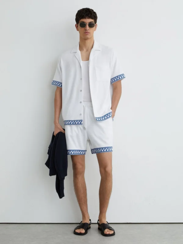 Reiss White Cotton-blend Towelling Embroidered Shorts