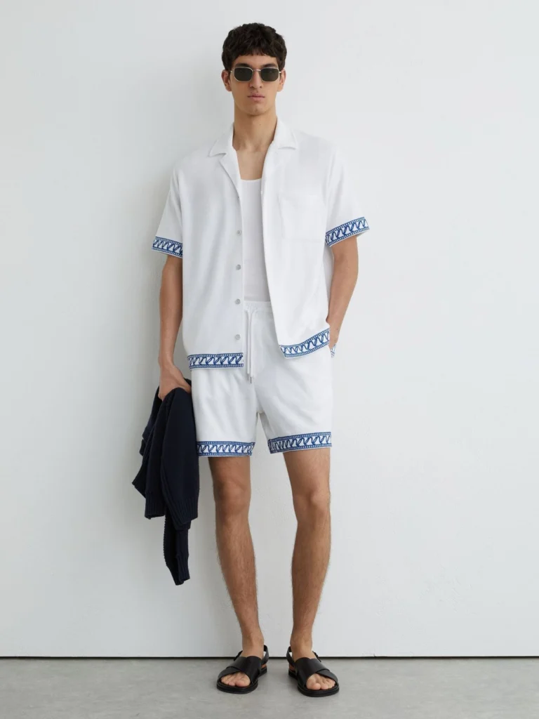 Reiss White Cotton-blend Towelling Embroidered Shorts