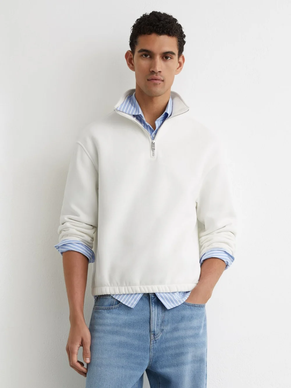Reiss White Cotton-blend Washed Half-zip Sweatshirt