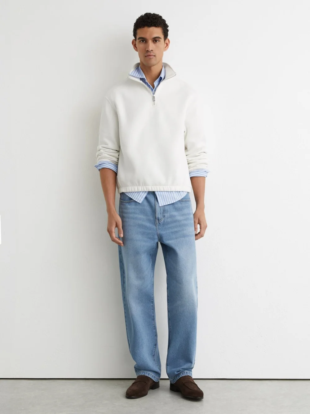 Reiss White Cotton-blend Washed Half-zip Sweatshirt, view 3