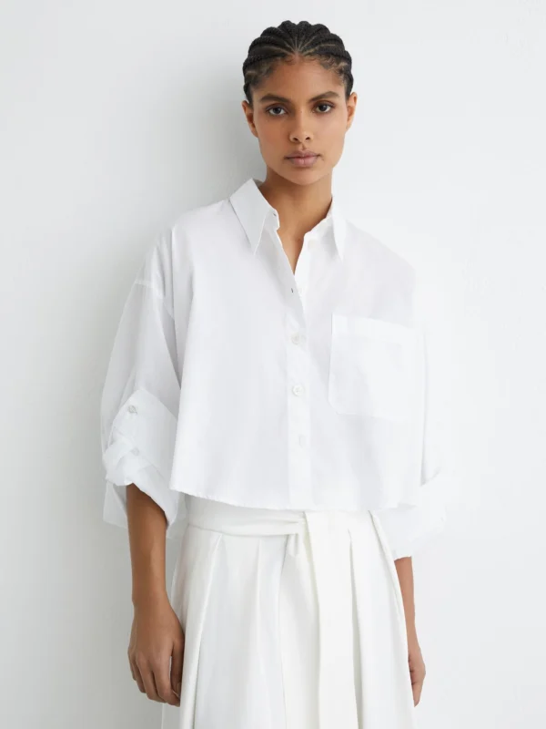 Reiss White Cotton Cropped Long-sleeve Shirt