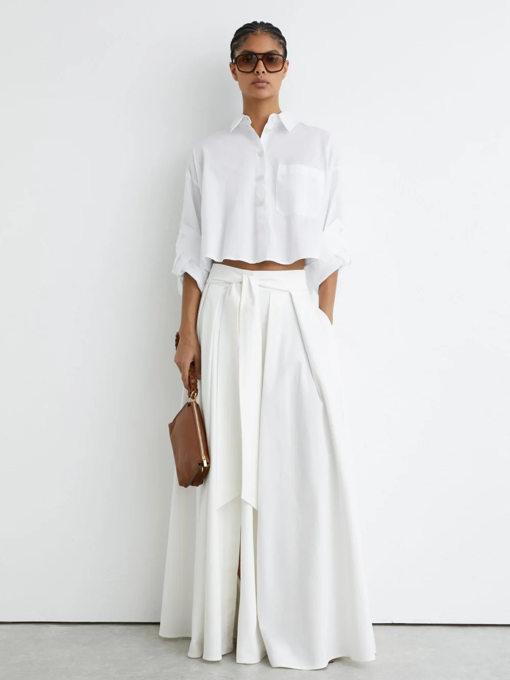 Reiss White Cotton Cropped Long-sleeve Shirt, view 3