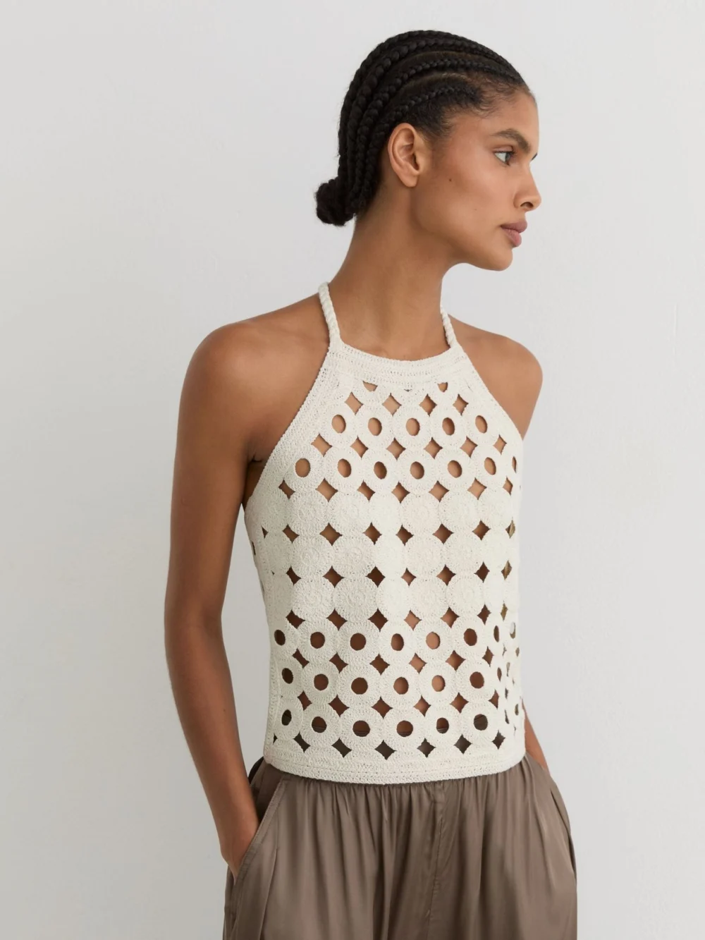 Reiss White Cotton Cut-out Knitted Halterneck Top