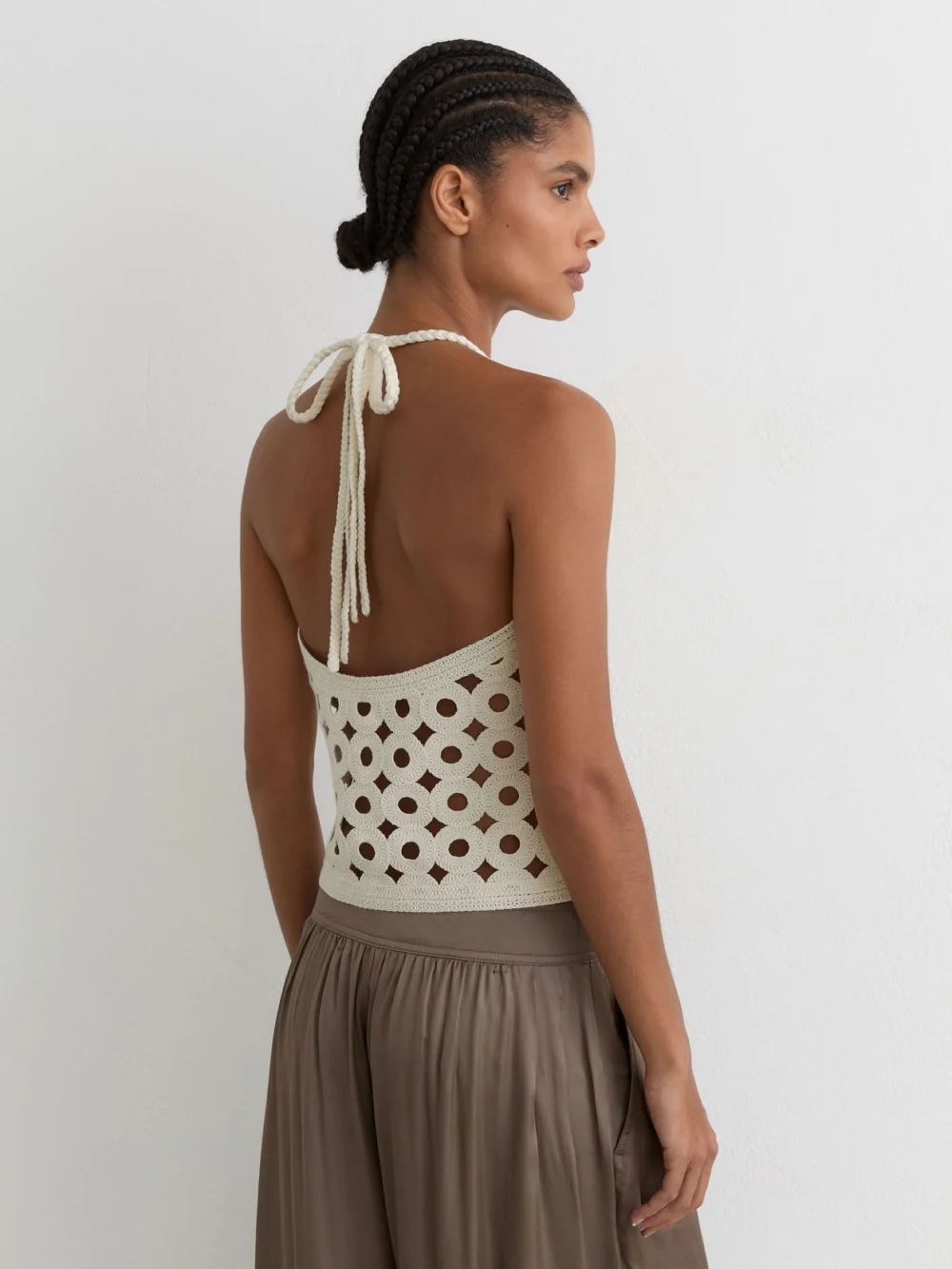 Reiss White Cotton Cut-out Knitted Halterneck Top, view 3