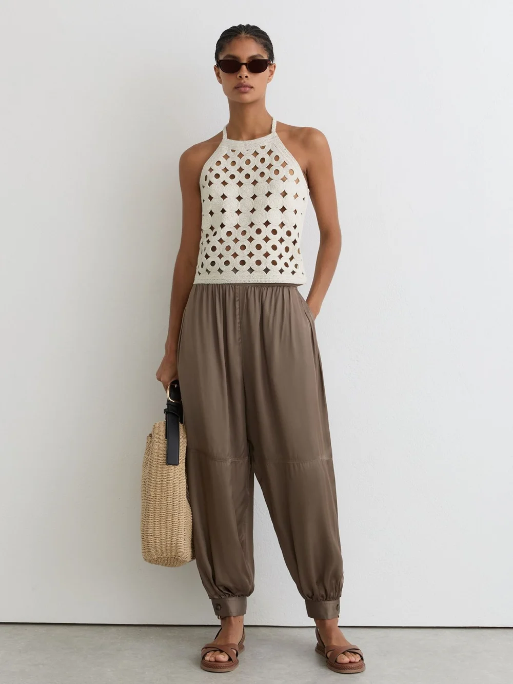 Reiss White Cotton Cut-out Knitted Halterneck Top, view 4