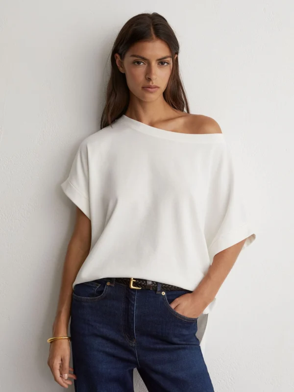 Reiss White Cotton Off-shoulder T-shirt