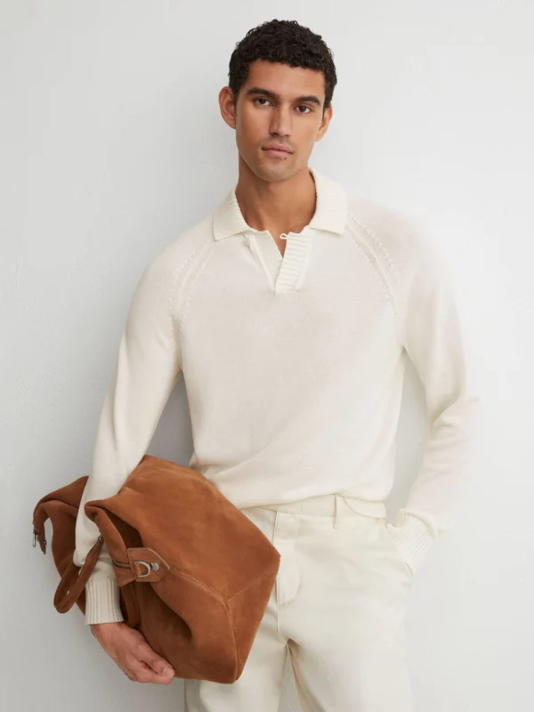Reiss White Cotton Open-collar Polo Jumper