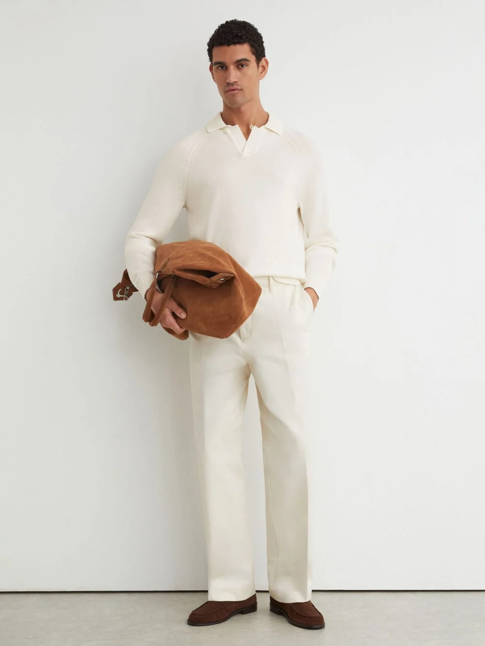 Reiss White Cotton Open-collar Polo Jumper, view 4