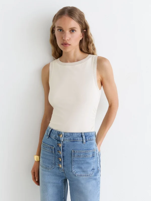 Reiss White -cotton Sheer-trim Ruched Vest