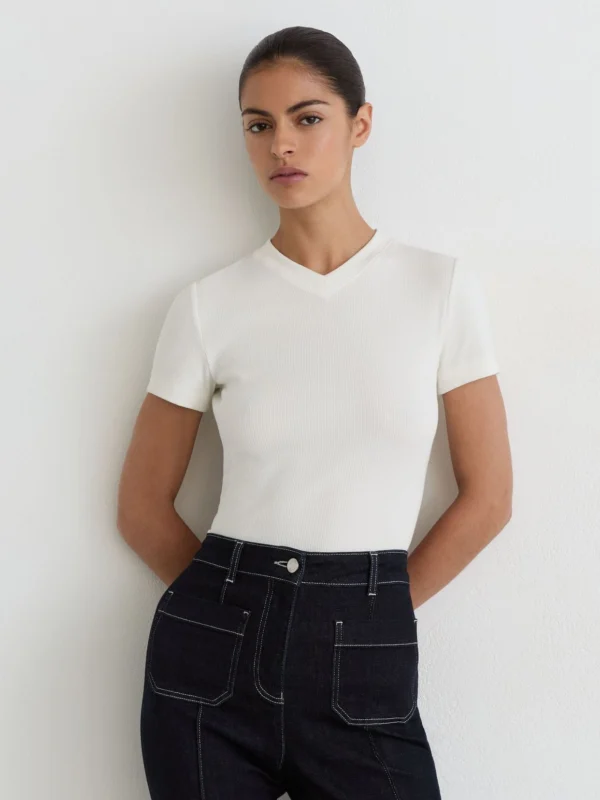 Reiss White Cotton-stretch High V-neck T-shirt