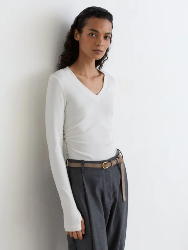 Reiss White Cotton-stretch V-neck Ruched Top