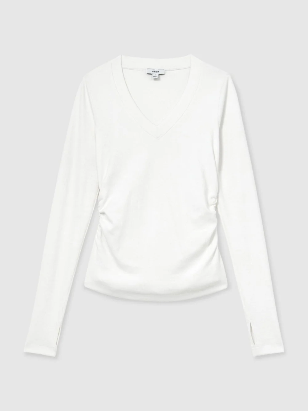 Reiss White Cotton-stretch V-neck Ruched Top, view 2