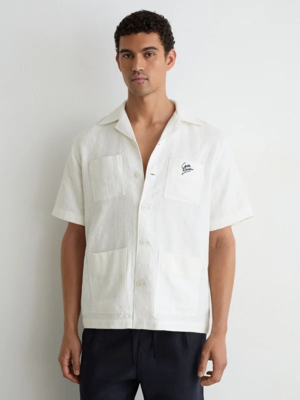 Reiss White Cotton Textured Four-pocket Logo Shirt