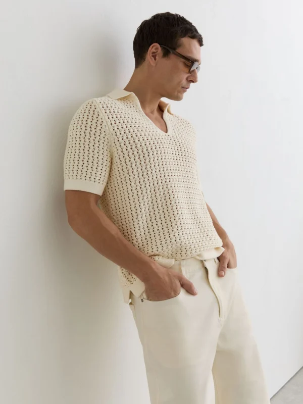Reiss White Crochet Open-collar Polo Shirt