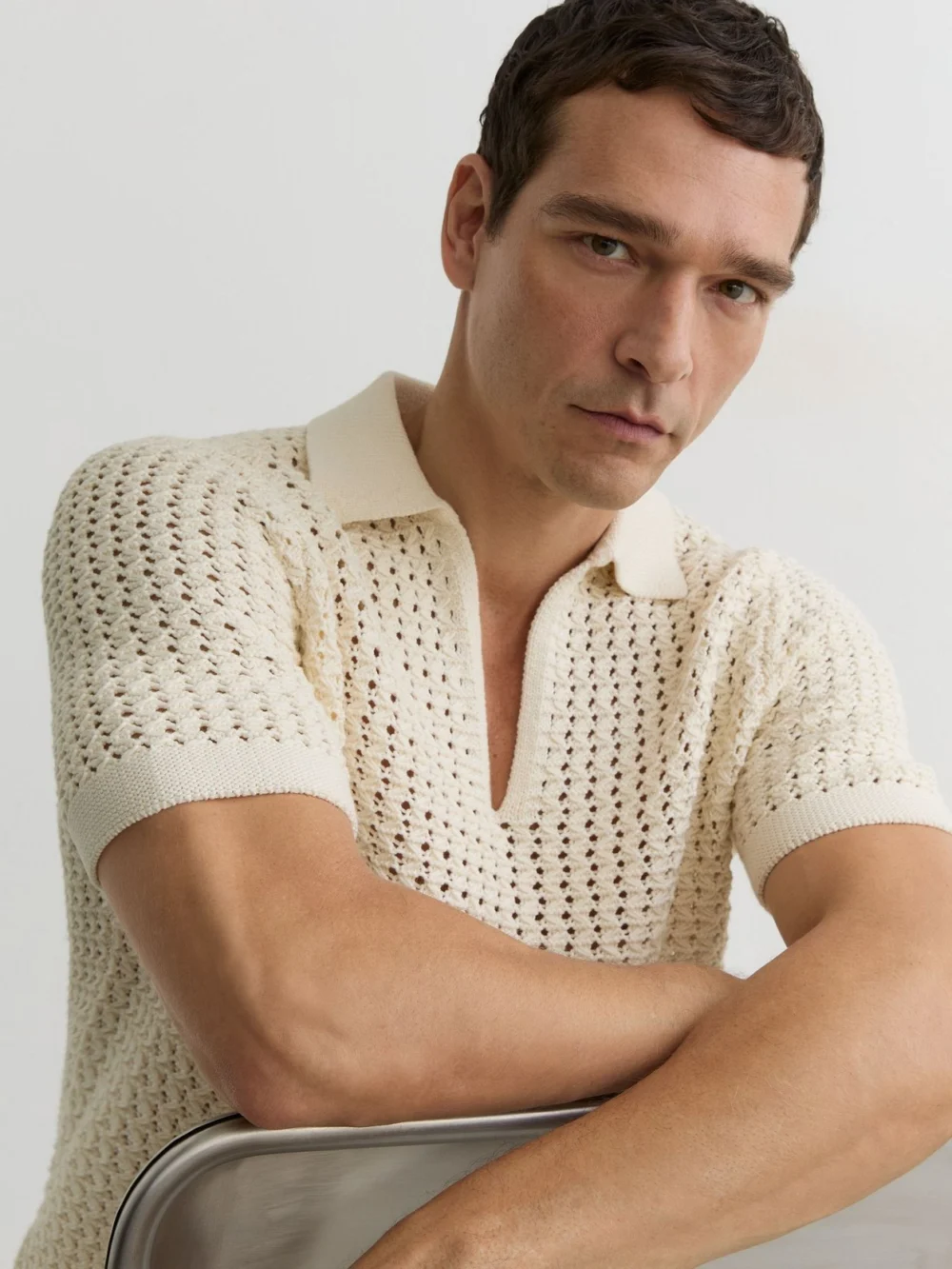 Reiss White Crochet Open-collar Polo Shirt, view 3