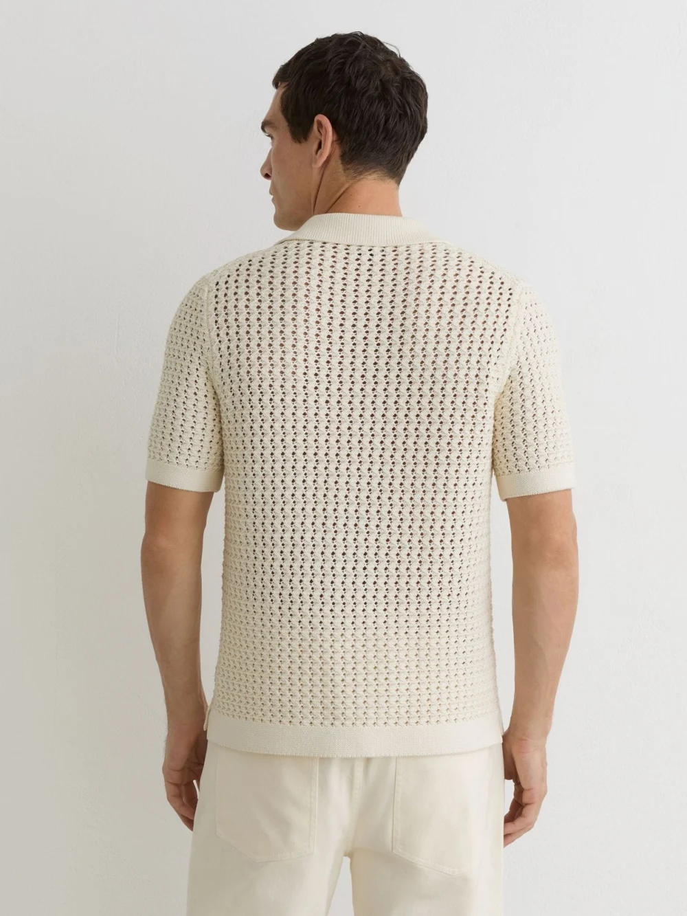 Reiss White Crochet Open-collar Polo Shirt, view 4