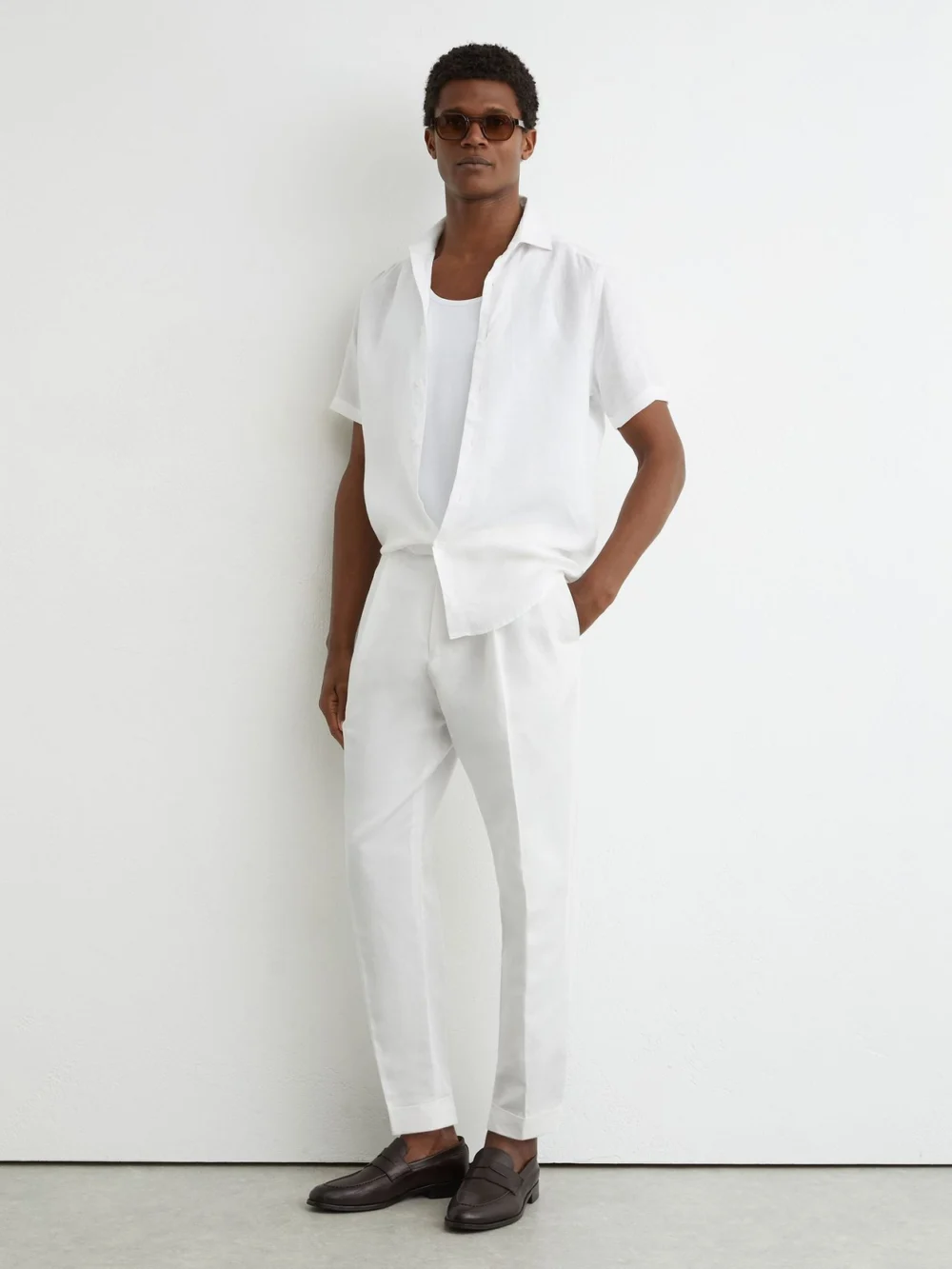 Reiss White Linen-blend Side-adjuster Tapered Trousers
