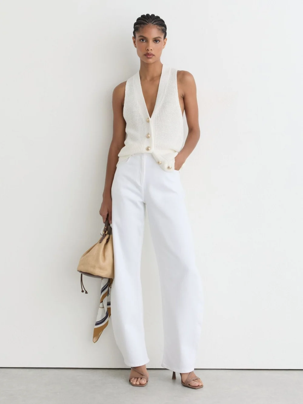 Reiss White Linen Button-through Knitted Waistcoat