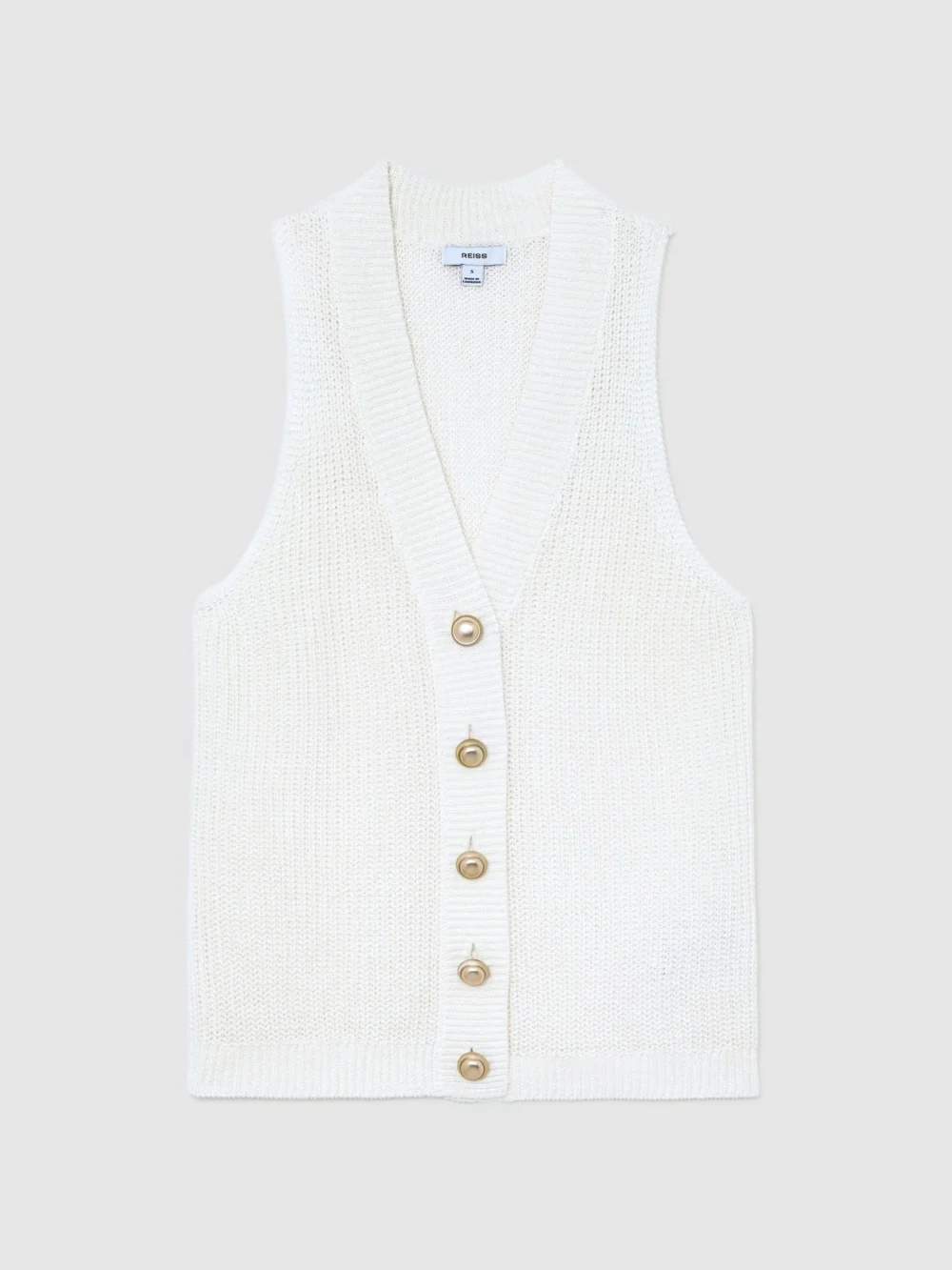 Reiss White Linen Button-through Knitted Waistcoat, view 2