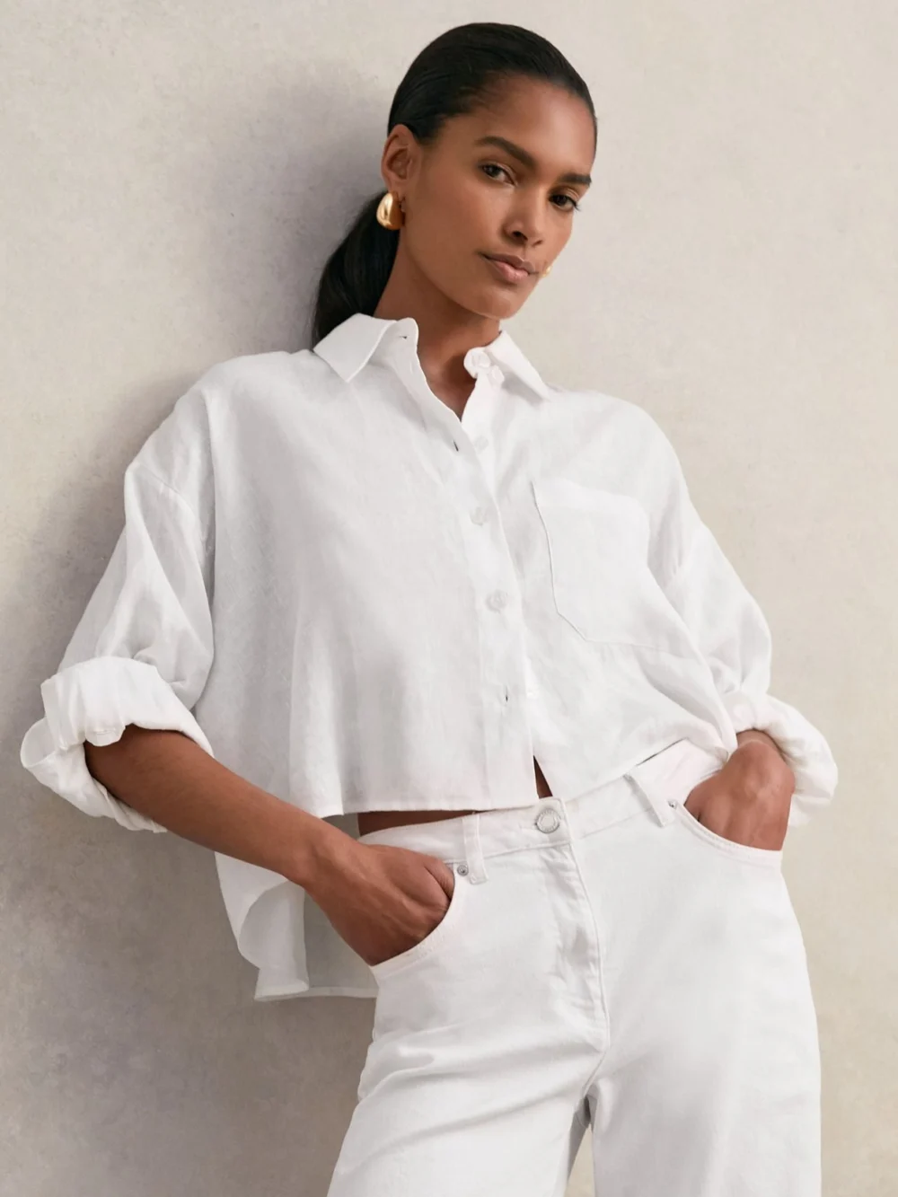 Reiss White Linen Oversize Cropped Shirt, view 4