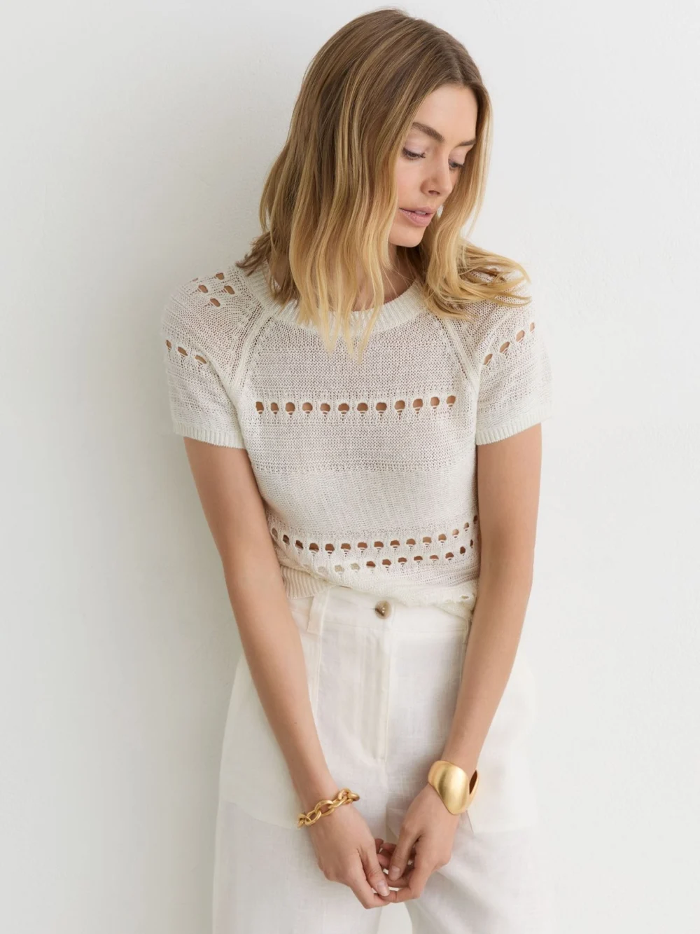 Reiss White Linen Textured-knit Top, view 4