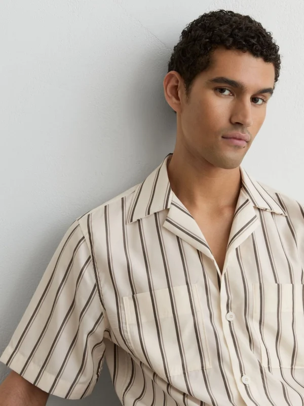 Reiss White Lyocell Stripe Relaxed Cuban-collar Shirt