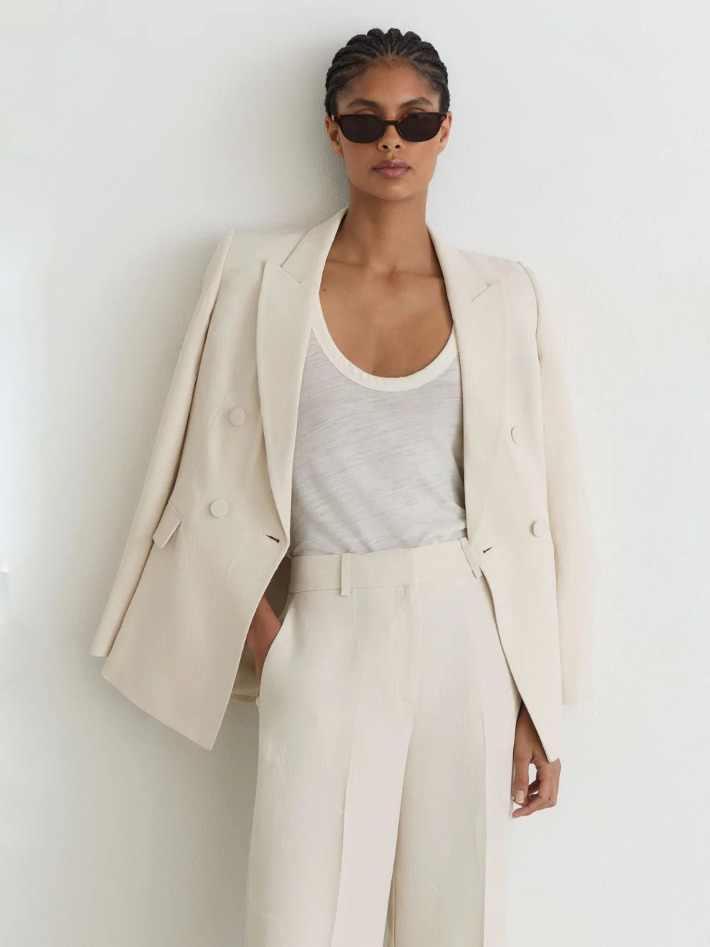 Reiss White Petite Jacquard Wide-leg Suit Trousers, view 4