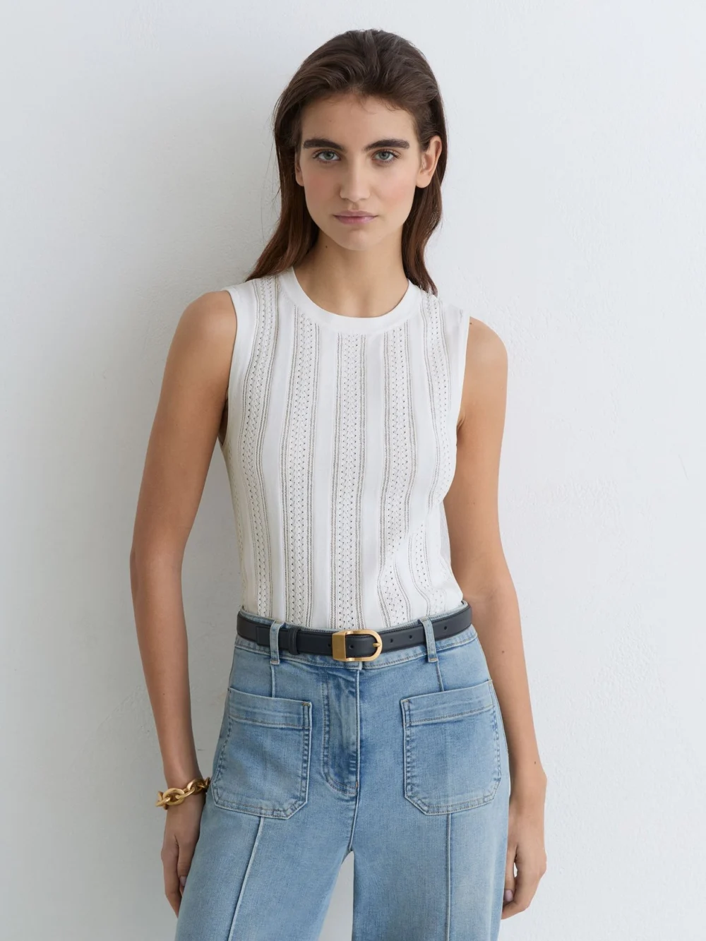 Reiss White Pointelle-knit Crew-neck Tank Top, view 4