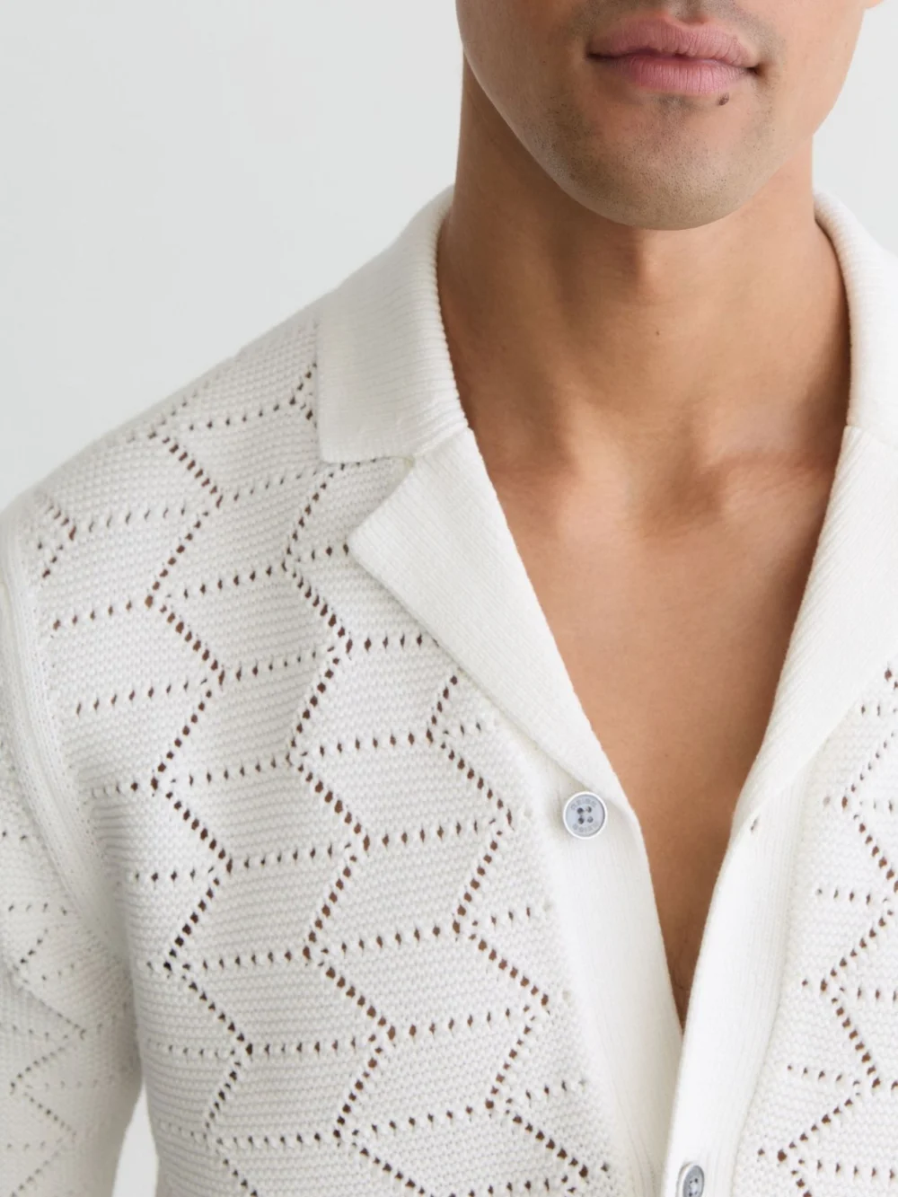 Reiss White Pointelle-knit Cuban-collar Shirt, view 3