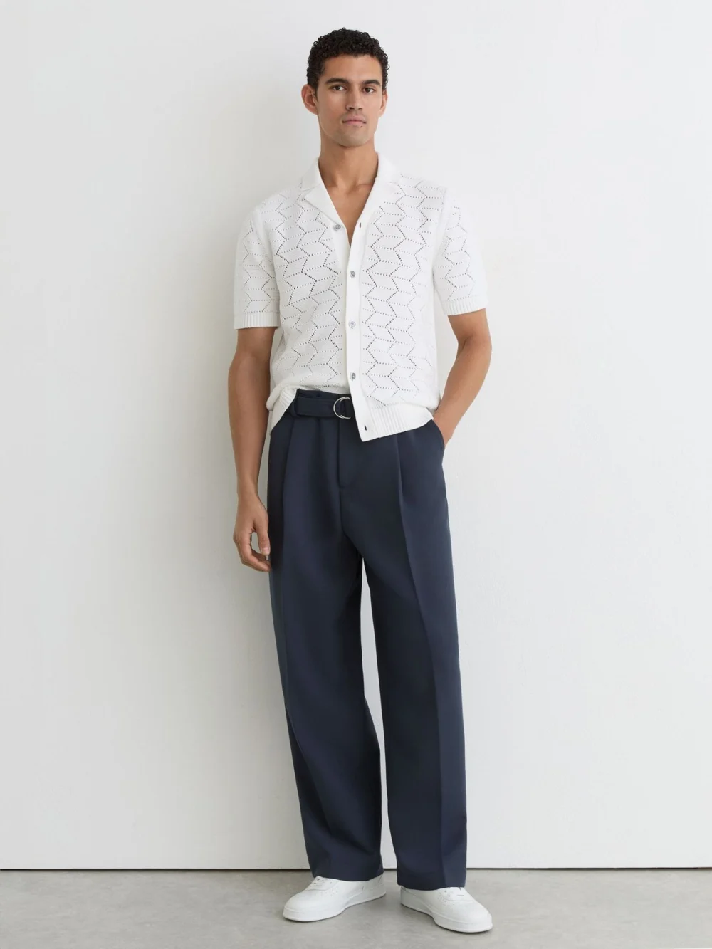 Reiss White Pointelle-knit Cuban-collar Shirt, view 4