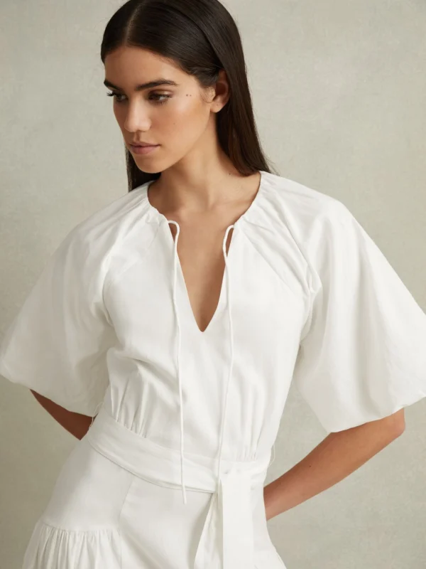 Reiss White Puff Sleeve Midi Dress
