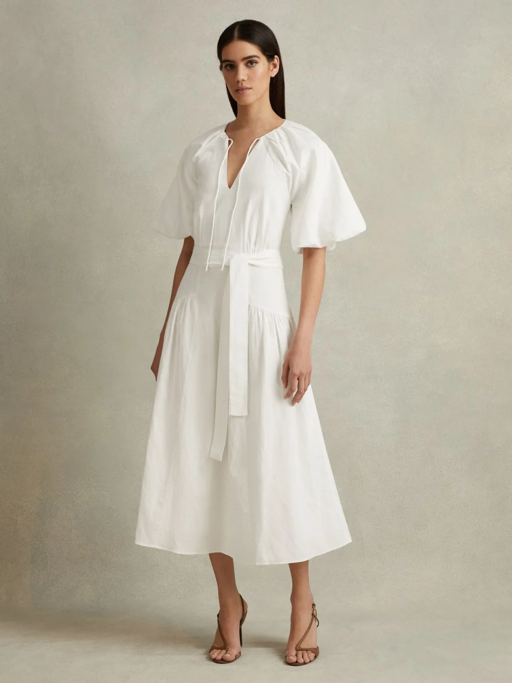Reiss White Puff Sleeve Midi Dress, view 3