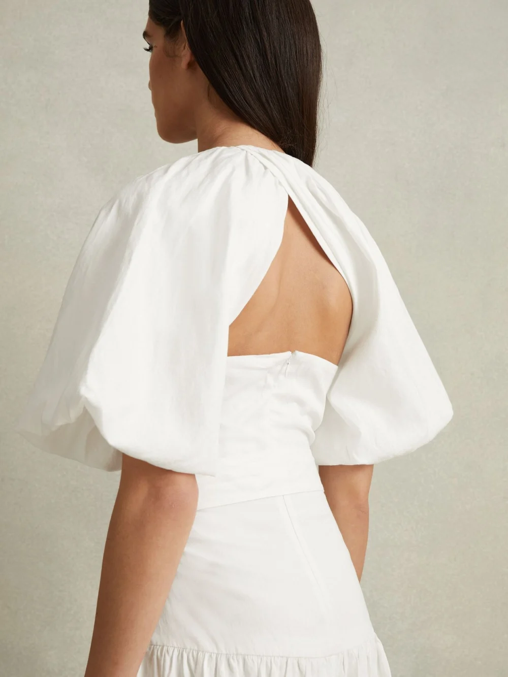 Reiss White Puff Sleeve Midi Dress, view 4