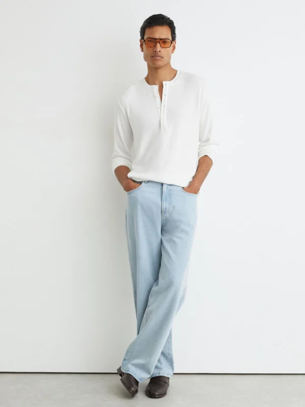 Reiss White Ribbed Long-sleeve Henley T-shirt