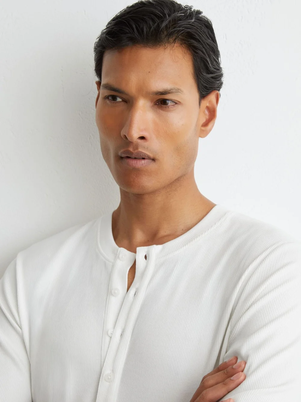 Reiss White Ribbed Long-sleeve Henley T-shirt, view 3