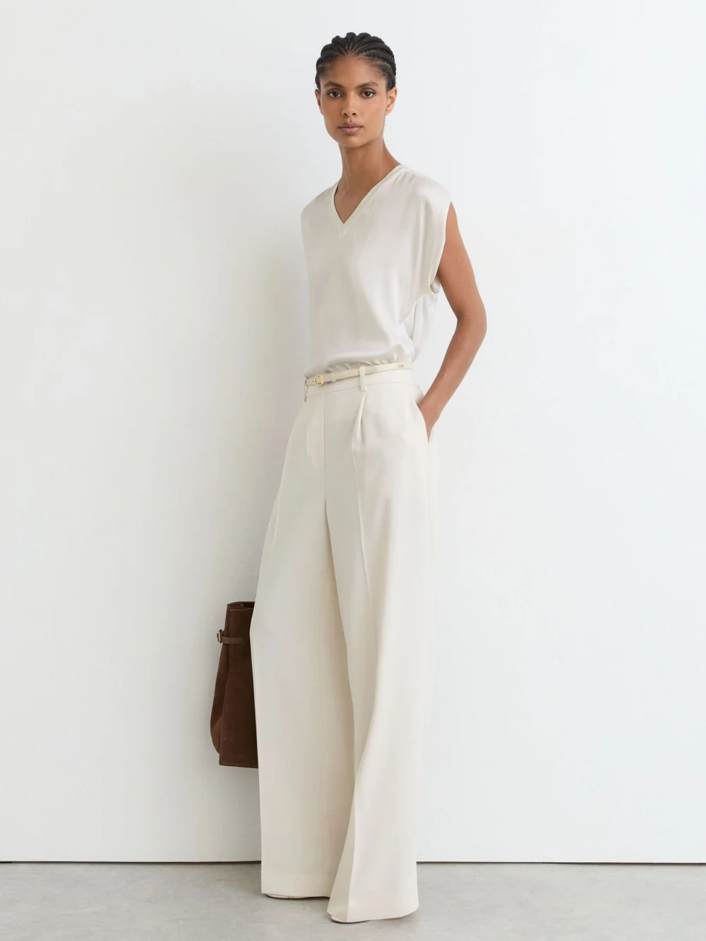Reiss White Silk-front V-neck Sleeveless Top, view 3