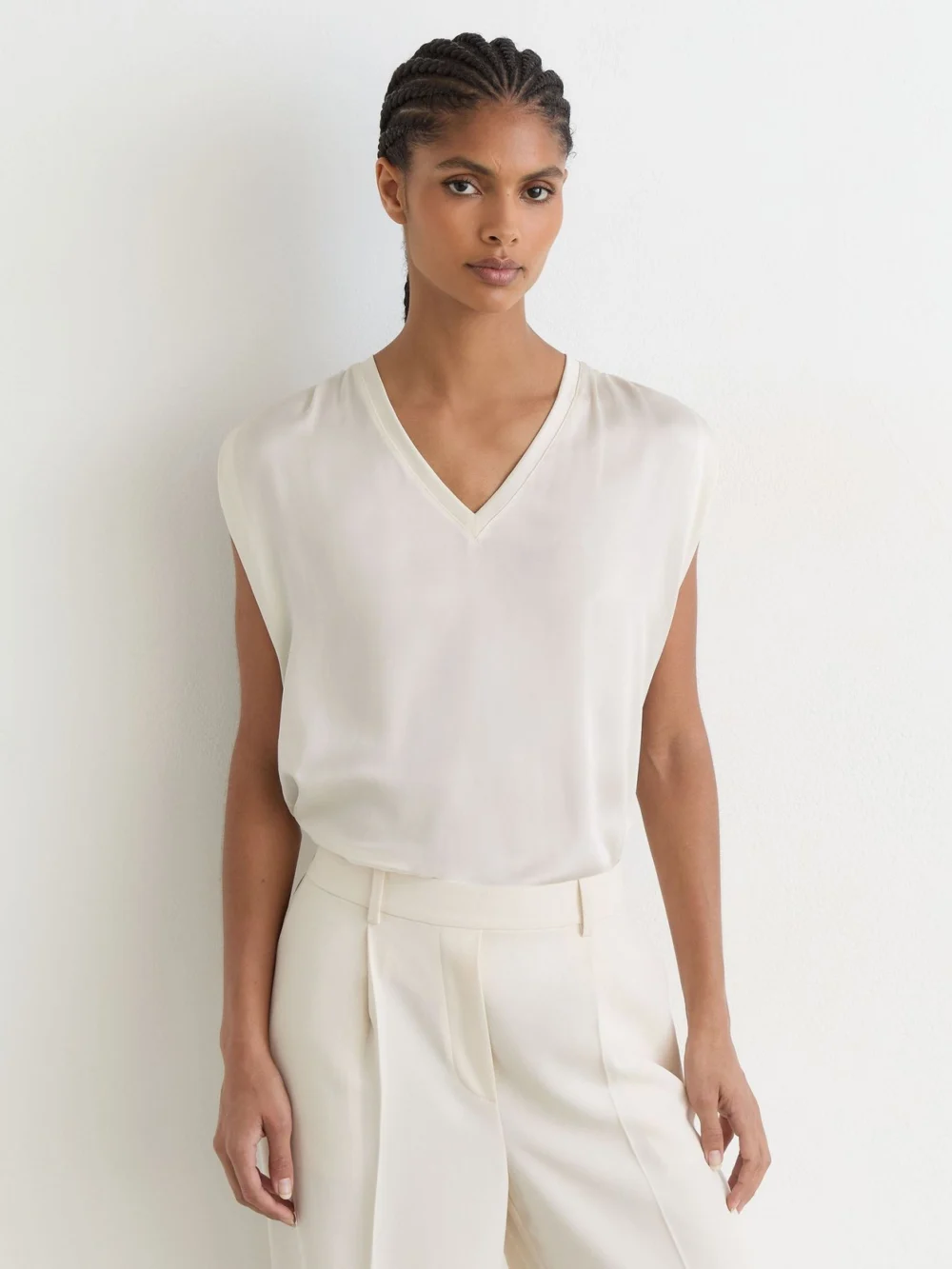Reiss White Silk-front V-neck Sleeveless Top, view 4