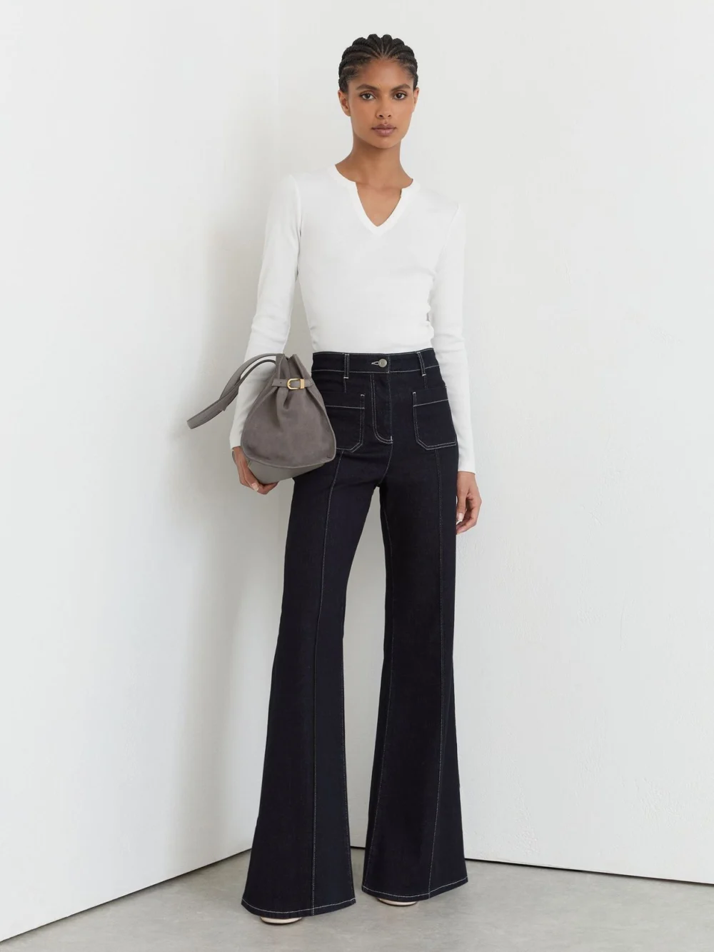 Reiss White Stretch-cotton Notch-neck Top, view 3