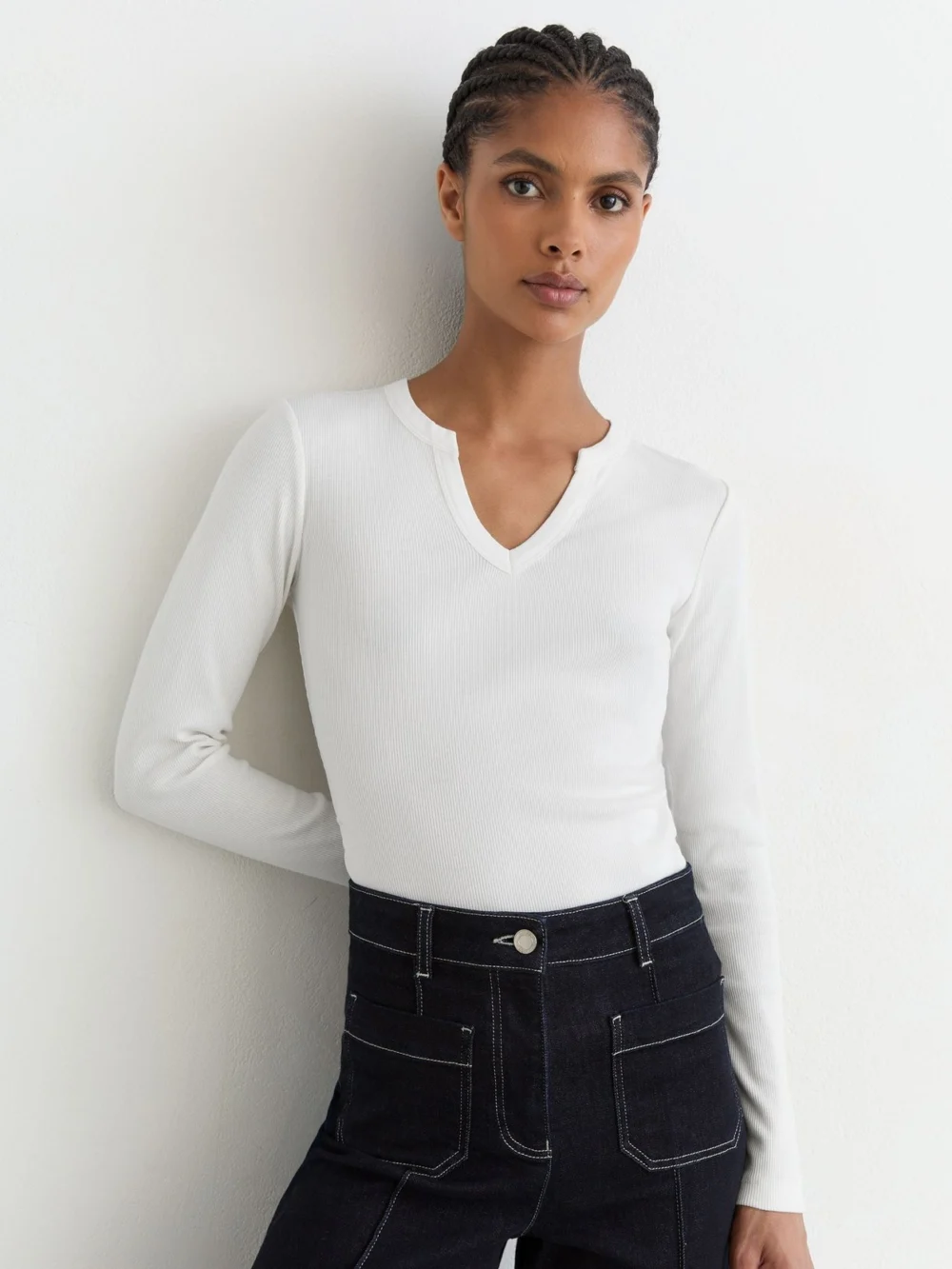 Reiss White Stretch-cotton Notch-neck Top, view 4