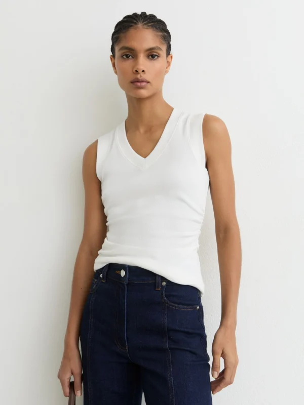 Reiss White Stretch-cotton Rib Ruched V-neck Vest