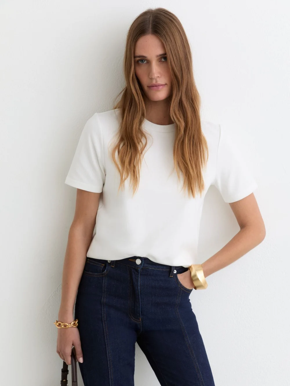 Reiss White Stretch-cotton Ribbed-neck T-shirt, view 3
