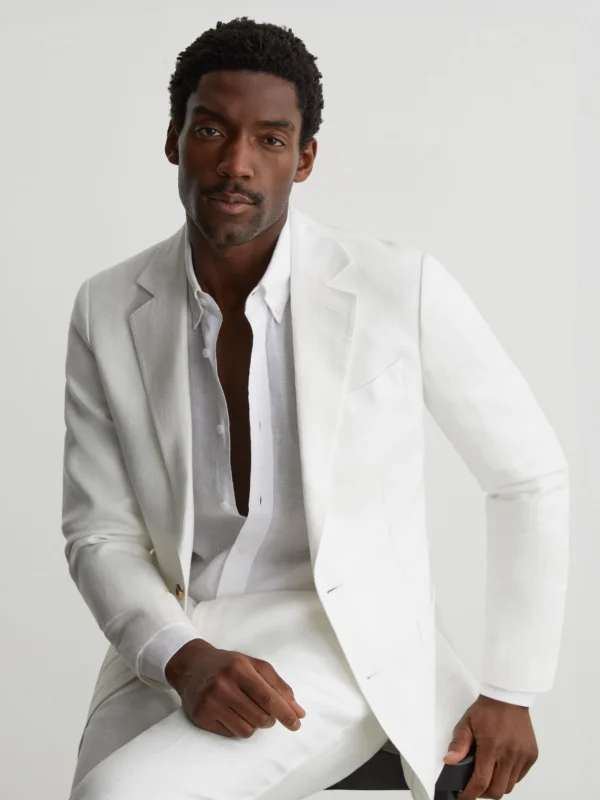 Reiss White Tailored Fit Linen-twill Single-breasted Blazer