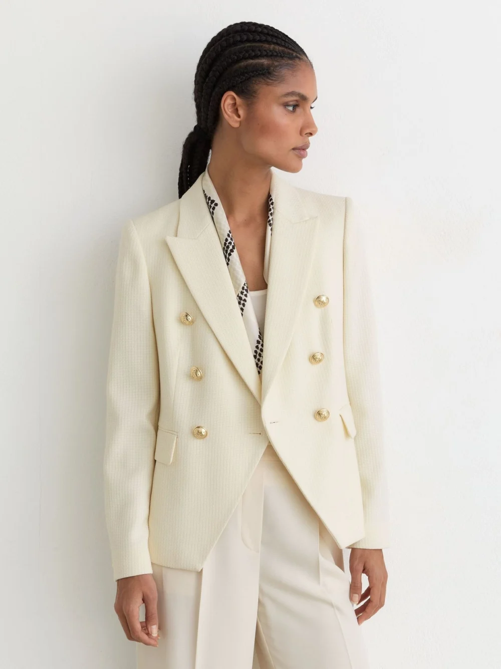 Reiss White Tailored Fit Textured Double Breasted Blazer, view 3