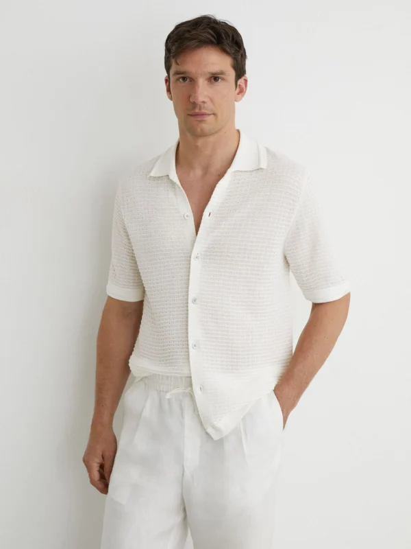 Reiss White Textured-knit Button-through Shirt