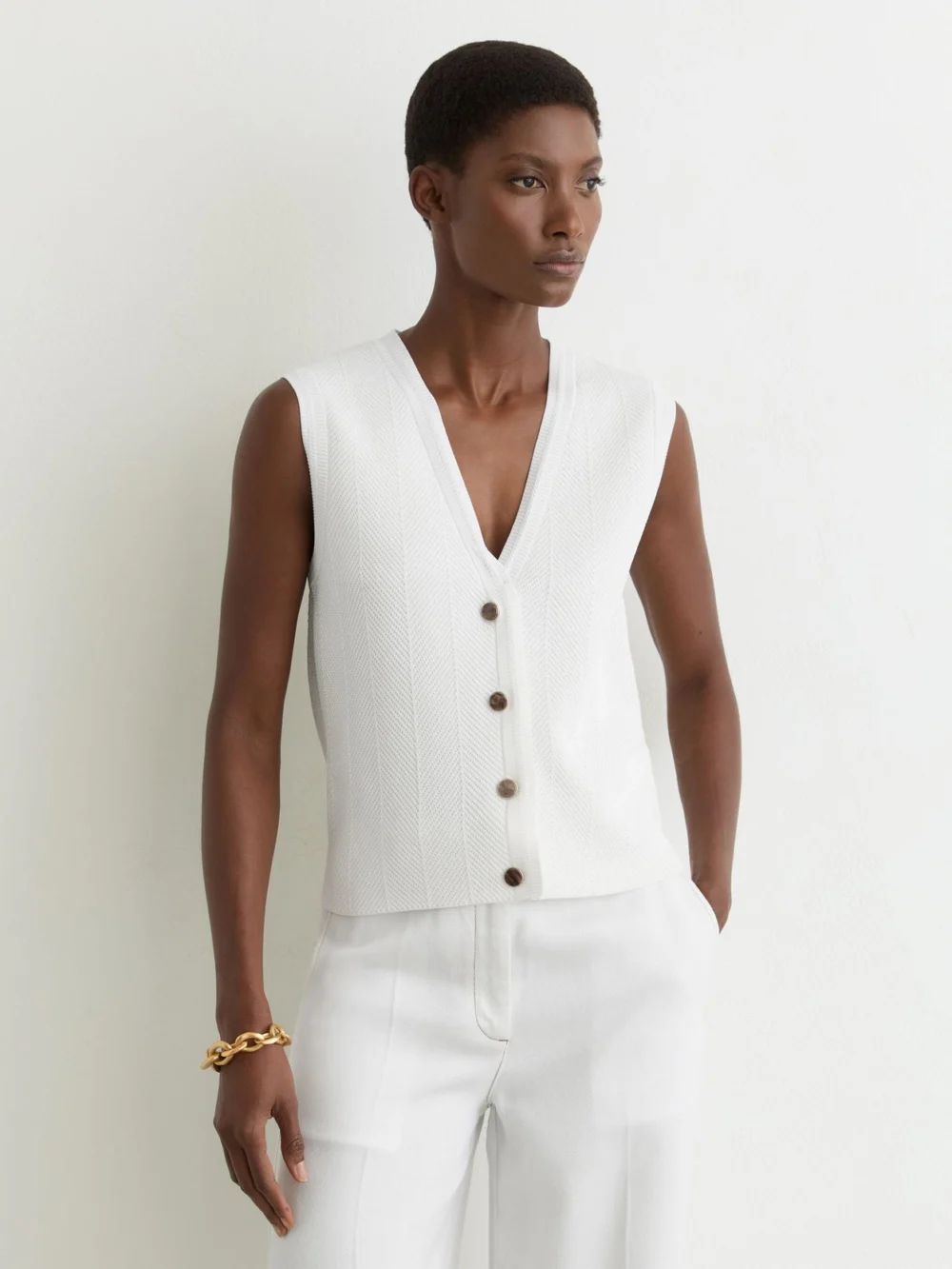 Reiss White Textured-knit Button-through Waistcoat