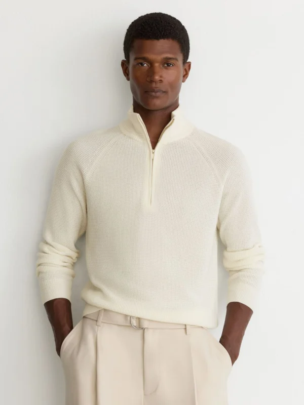 Reiss White Textured-knit Funnel-neck Half-zip Jumper with Wool