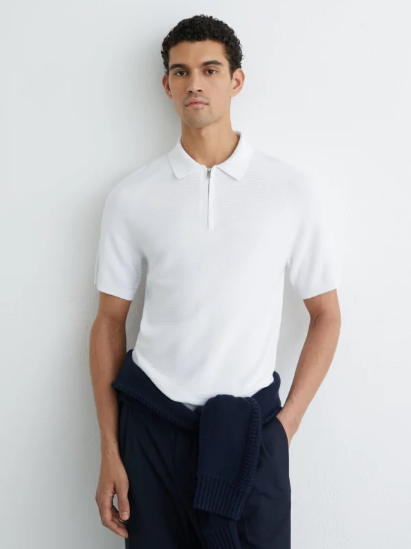 Reiss White Textured-knit Half-zip Polo Shirt