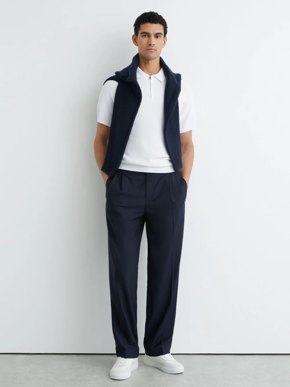 Reiss White Textured-knit Half-zip Polo Shirt, view 3