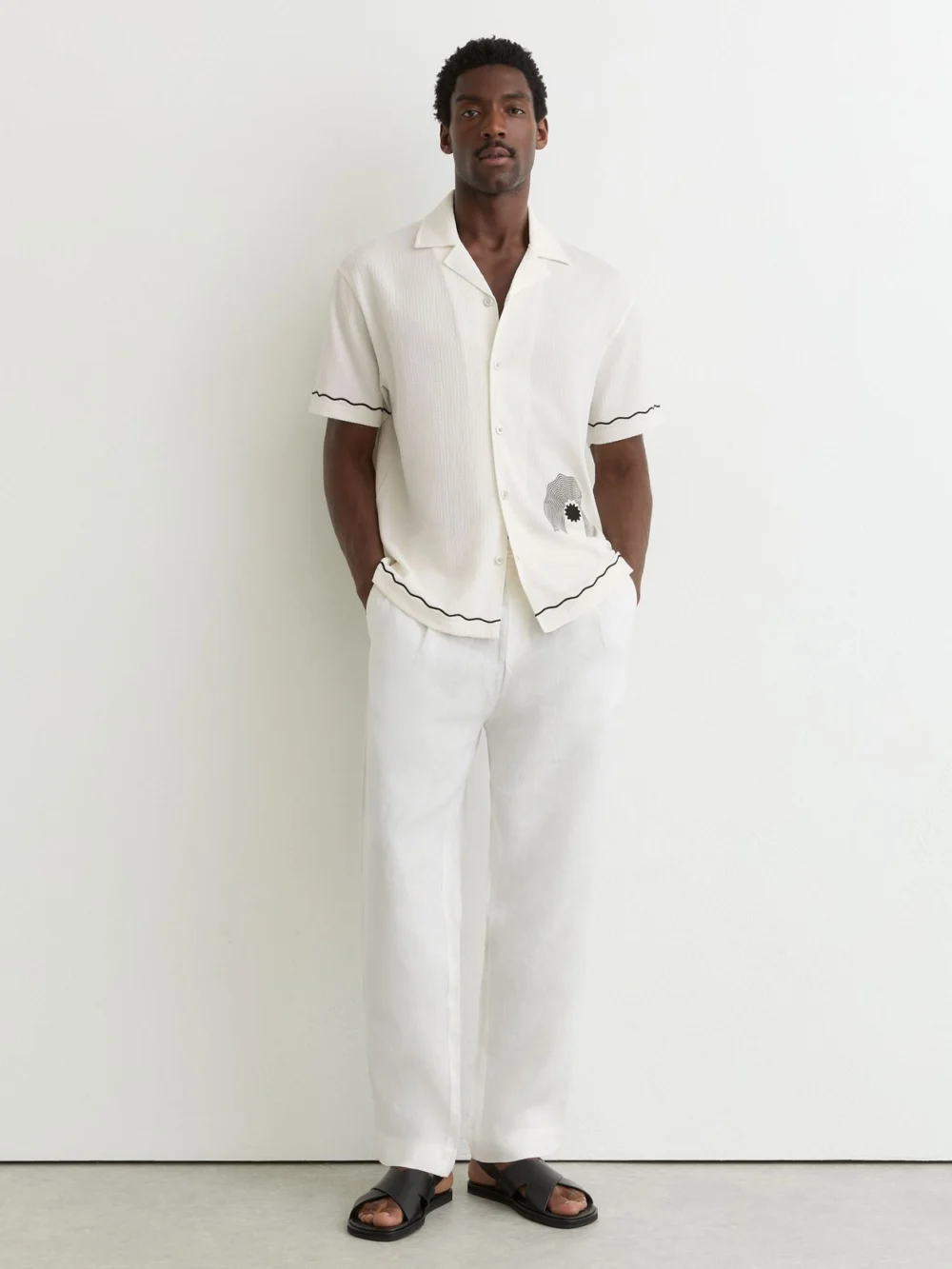 Reiss White Textured Motif-print Cuban-collar Shirt, view 3