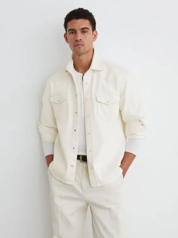 Reiss White Western Press-stud Denim Overshirt